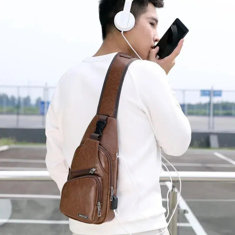 New USB Charging Chest Bag with Headset Hole Mens Multifunction Single Strap Anti Theft Chest Bag with Adjustable Shoulder Strap B MART