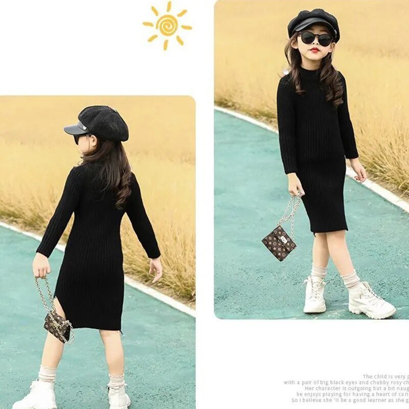Autumn Winter KPOP Fashion Harajuku Sweet Girls Sweater Dress Solid Thick Long Sleeve Woolen Dress Kawaii Children's Clothing - منصة بي مارت للتسوق الإلكترونيAutumn Winter KPOP Fashion Harajuku Sweet Girls Sweater Dress Solid Thick Long Sleeve Woolen Dress Kawaii Children's Clothing