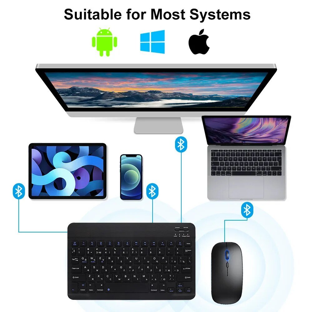 Bluetooth Wireless Keyboard Mouse For IOS Android Windows Tablet For iPad Air Mini Pro Spanish Korean Portugal Russian Keyboard - منصة بي مارت للتسوق الإلكترونيBluetooth Wireless Keyboard Mouse For IOS Android Windows Tablet For iPad Air Mini Pro Spanish Korean Portugal Russian Keyboard