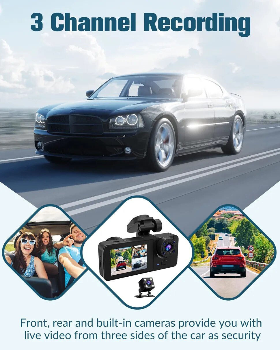 Dash Cam for Car Camera Video Recorder Dashcam DVRs Black Box 3 * Lens DVR with Rear View Camera 24H Parking Monitor 3 Channel - منصة بي مارت للتسوق الإلكترونيDash Cam for Car Camera Video Recorder Dashcam DVRs Black Box 3 * Lens DVR with Rear View Camera 24H Parking Monitor 3 Channel