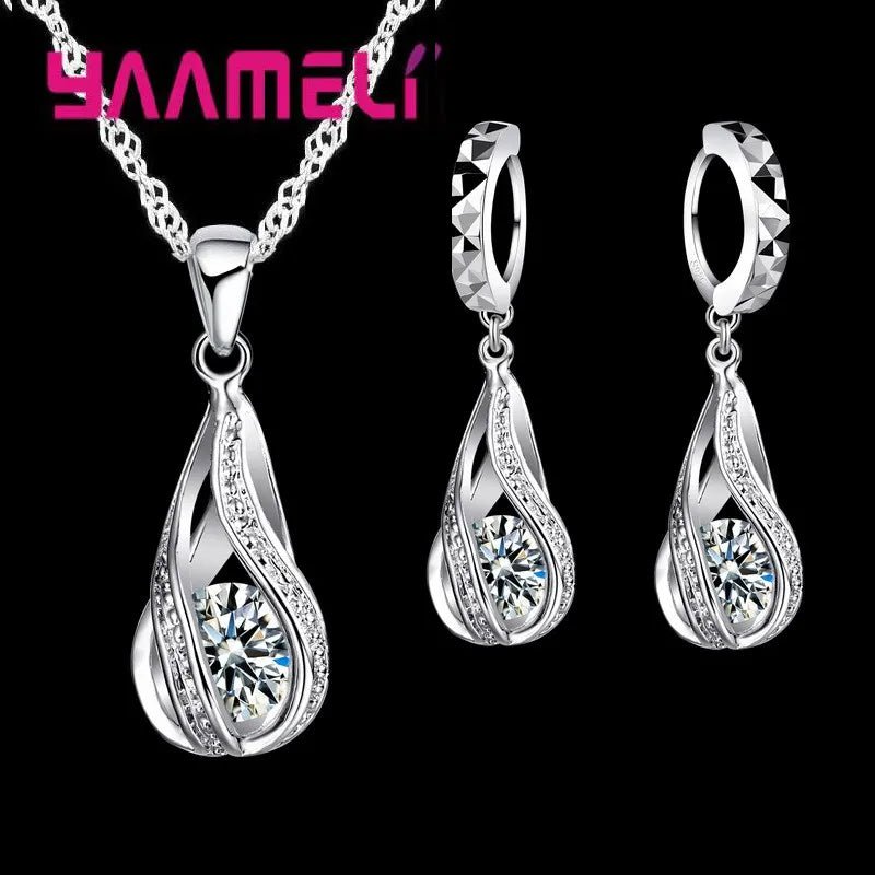 Hot Water Drop CZ 925 Sterling Silver Plated Jewelry Set For Women Pendant Necklace Hoop Earrings Wedding Party Ceremoey Anel - منصة بي مارت للتسوق الإلكترونيHot Water Drop CZ 925 Sterling Silver Plated Jewelry Set For Women Pendant Necklace Hoop Earrings Wedding Party Ceremoey Anel